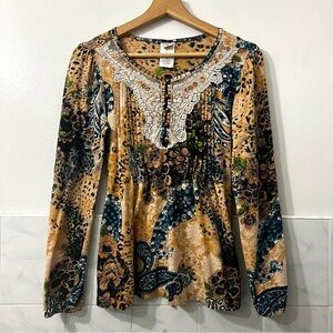 Forbidden Peasant Boho Eclectic Earthy Embroidered Long Sleeve Top Size Small